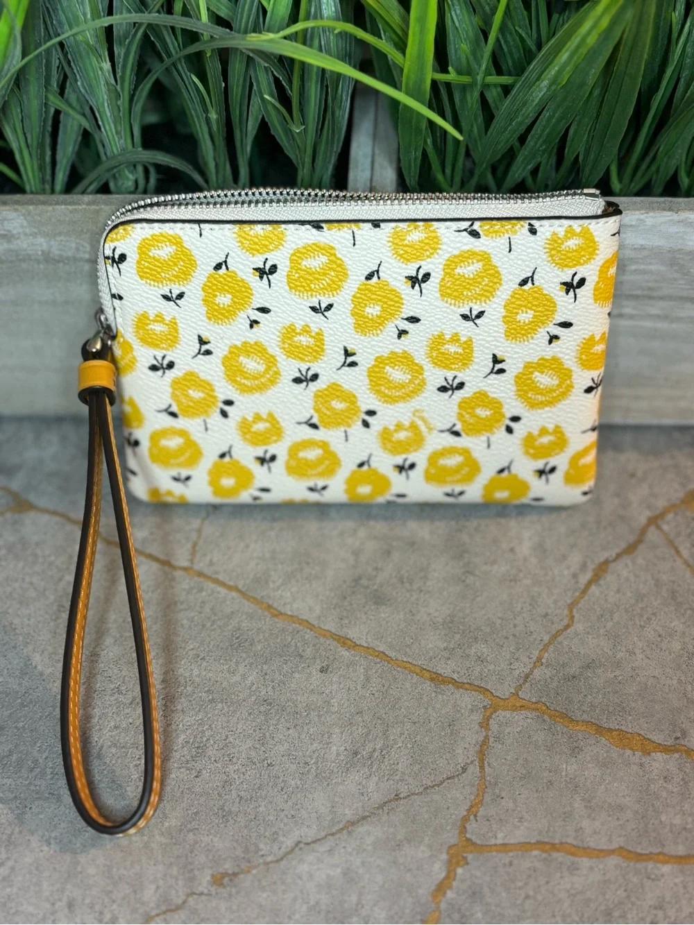 COACH NWT Yellow Floral Wristlet Pouch with Brown Strap